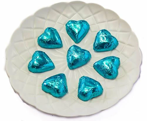 Hearts - Milk Chocolate Hearts In Aqua Blue Foil 1kg 3 Hearts - Milk Chocolate Hearts In Aqua Blue Foil 1kg