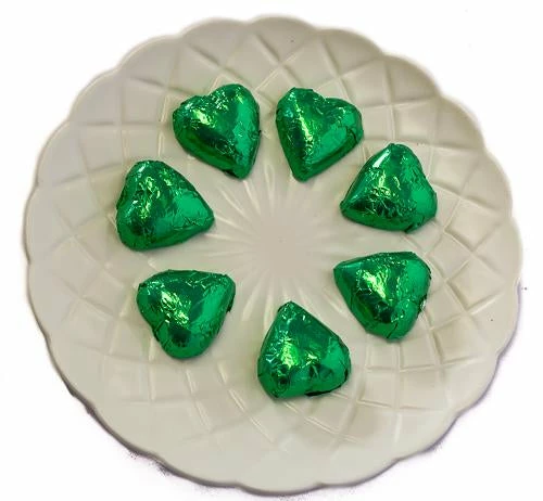 Hearts - Milk Chocolate Hearts In Green Foil 1kg 3 Hearts - Milk Chocolate Hearts In Green Foil 1kg