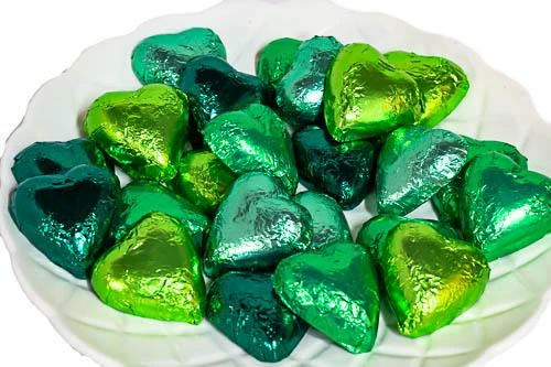Hearts - Milk Chocolate Hearts In Mixed Green Foils 1kg 3 Hearts - Milk Chocolate Hearts In Mixed Green Foils 1kg