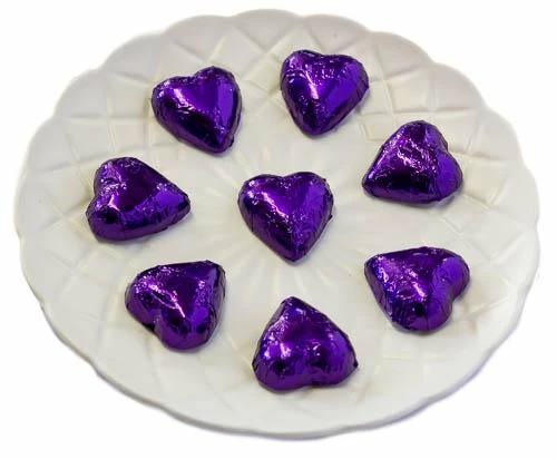 Hearts - Milk Chocolate Hearts In Purple Foil 1kg 3 Hearts - Milk Chocolate Hearts In Purple Foil 1kg